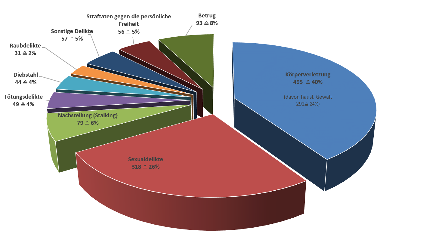 Tortendiagramm Deliktstatistik 2025: 495 Körperverletzung (292, 24 % häusliche Gewalt) 40%, 318 Sexualdelikte 26 %, 93 Betrug 8%, 79 Nachstellung Stalking 6%, 56 Straftaten gegen die persönliche Freiheit 5% 