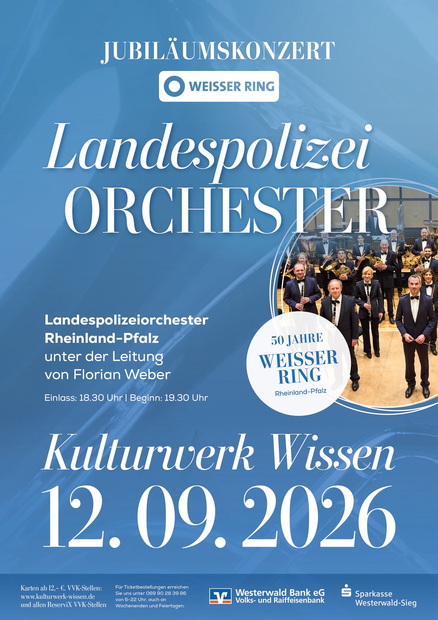Plakat zum Jubiläumskonzert des WEISSEN RINGS mit dem Landespolizeiorchester RLP
